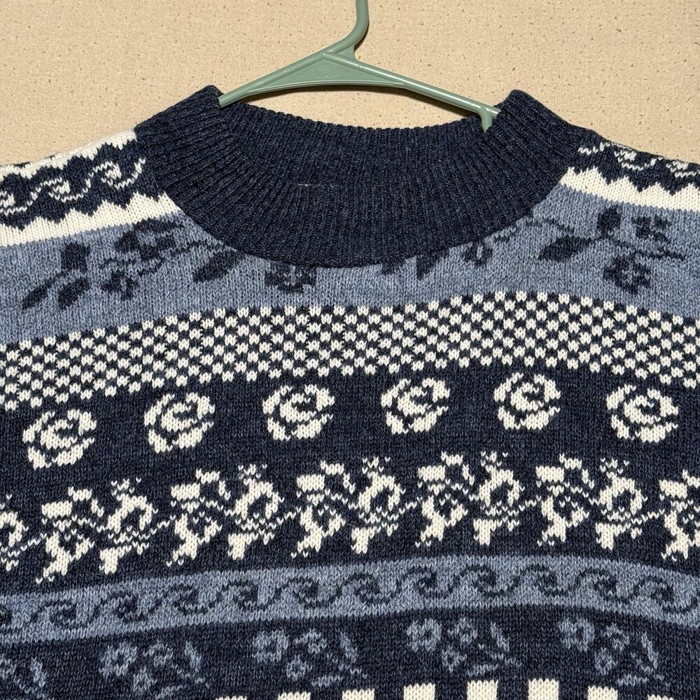 VTG Rose Womens Vintage 80s Nordic Fair Isle Pullover Sweater Size XL Blue White - Picture 3 of 6